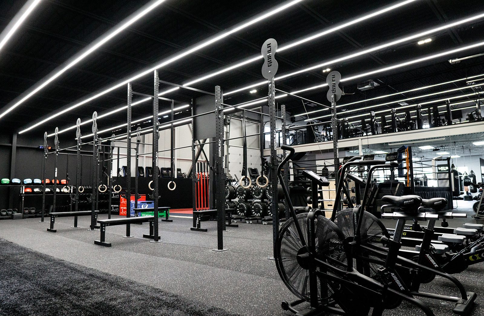 Espace d'entraînement fonctionnel avec structure, anneaux et vélos